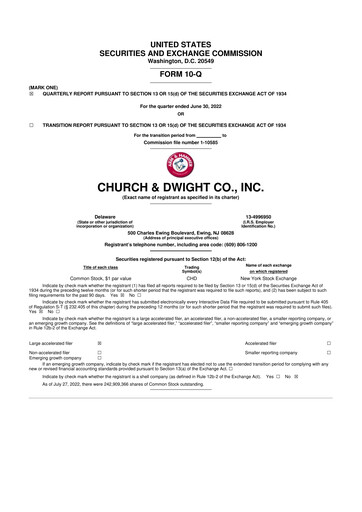 Thumbnail Church & Dwight
 10-Q Quarterly Report FY2022 