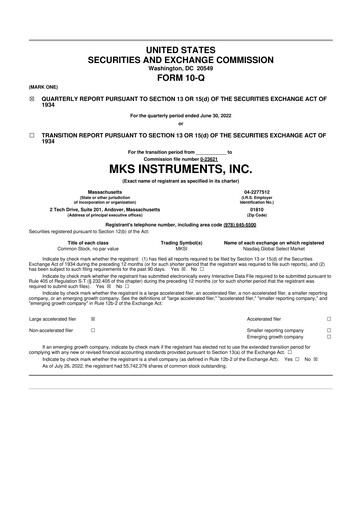 Thumbnail MKS Instruments 10-Q Quarterly Report FY2022 