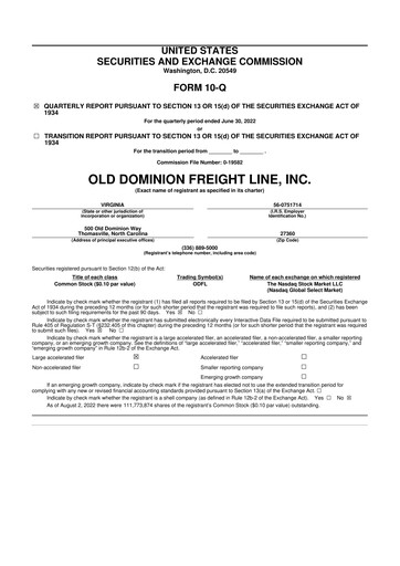 Thumbnail Old Dominion Freight Line
 10-Q Quarterly Report FY2022 
