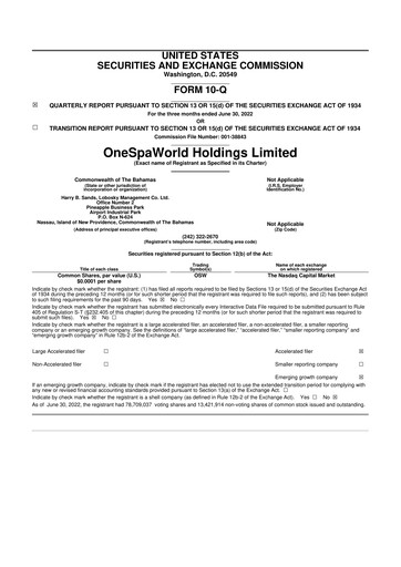 Thumbnail OneSpaWorld 10-Q Quarterly Report FY2022 