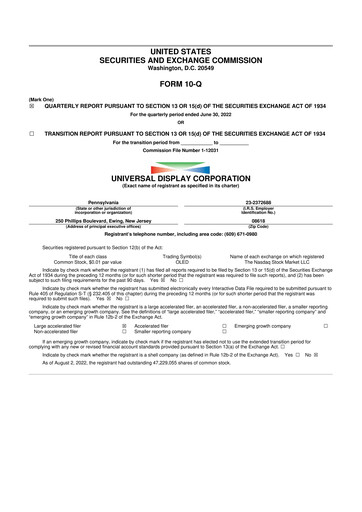 Miniature Universal Display Corporation
 10-Q Rapport trimestriel 2022 