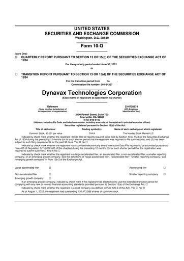 Thumbnail Dynavax Technologies
 10-Q Quarterly Report FY2022 