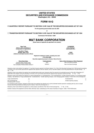 Thumbnail M&T Bank 10-Q Quarterly Report FY 