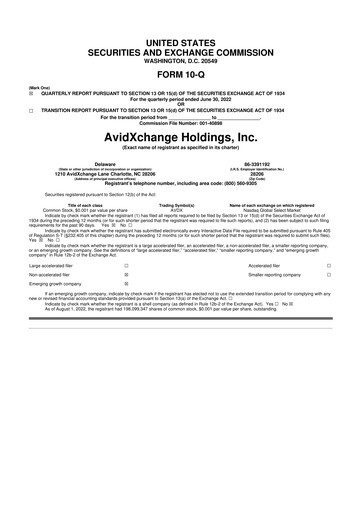 Miniature AvidXchange 10-Q Rapport trimestriel 2022 