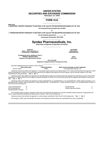 Thumbnail Syndax Pharmaceuticals 10-Q Quarterly Report FY2022 