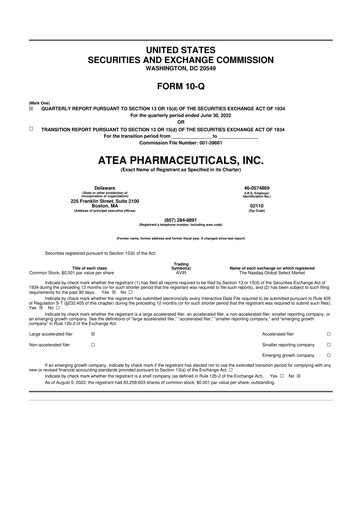 Miniature Atea Pharmaceuticals 10-Q Rapport trimestriel 2022 