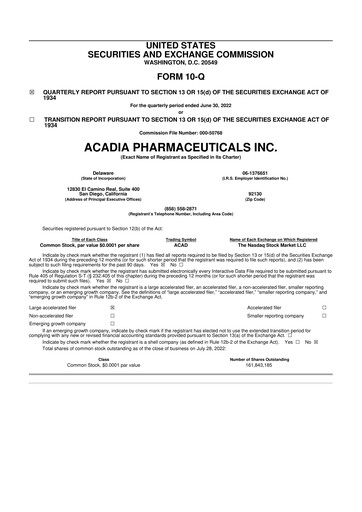Thumbnail ACADIA Pharmaceuticals 10-Q Quarterly Report FY2022 