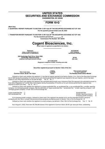 Miniature Cogent Biosciences 10-Q Rapport trimestriel 2022 