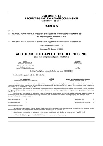 Thumbnail Arcturus Therapeutics
 10-Q Quarterly Report FY2022 