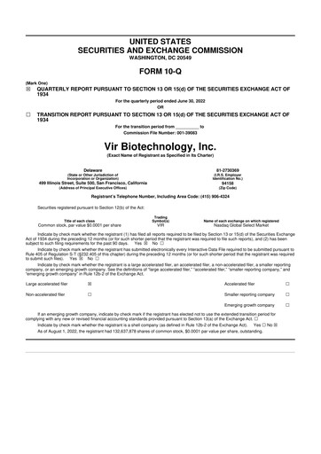 Miniature Vir Biotechnology
 10-Q Rapport trimestriel 2022 