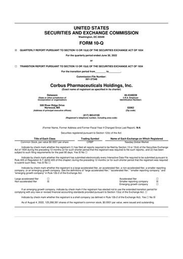 Thumbnail Corbus Pharmaceuticals
 10-Q Quarterly Report FY2022 