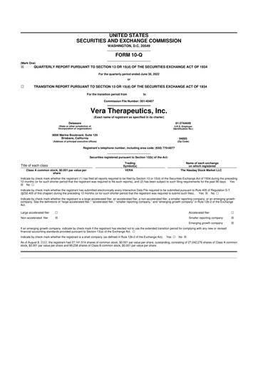 Thumbnail Vera Therapeutics 10-Q Quarterly Report FY2022 