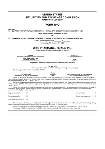 Thumbnail ORIC Pharmaceuticals
 10-Q Quarterly Report FY2022 