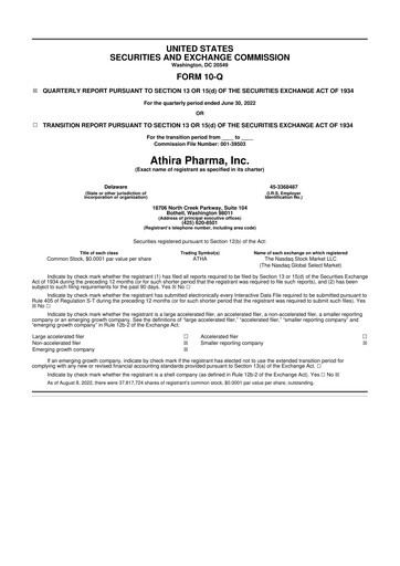 Thumbnail Athira Pharma 10-Q Quarterly Report FY2022 