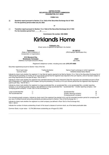 Thumbnail Kirkland's 10-Q Quarterly Report FY2022 