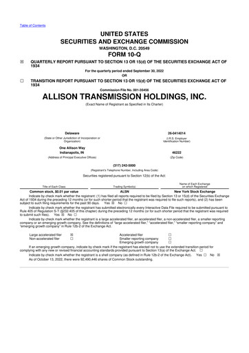 Vorschaubild Allison Transmission
 10-Q Quartalsbericht 2022 