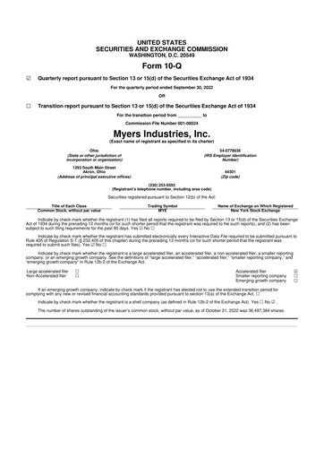 Thumbnail Myers Industries 10-Q Quarterly Report FY2022 