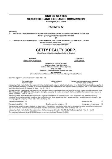 Thumbnail Getty Realty 10-Q Quarterly Report FY2022 
