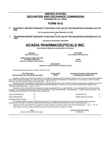 Thumbnail ACADIA Pharmaceuticals 10-Q Quarterly Report FY2022 