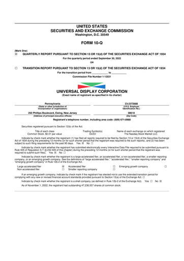 Miniature Universal Display Corporation
 10-Q Rapport trimestriel 2022 