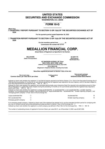 Thumbnail Medallion Financial Corp. 10-Q Quarterly Report FY2022 