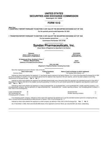 Thumbnail Syndax Pharmaceuticals 10-Q Quarterly Report FY2022 