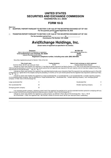 Miniature AvidXchange 10-Q Rapport trimestriel 2022 