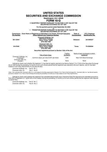 Thumbnail Cinemark Theatres
 10-Q Quarterly Report FY2022 