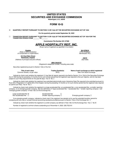 Thumbnail Apple Hospitality REIT
 10-Q Quarterly Report FY2022 
