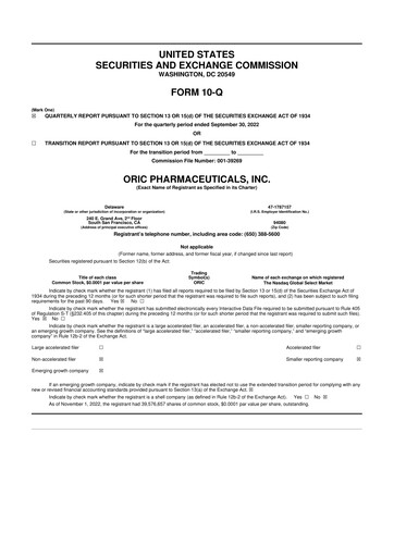 Thumbnail ORIC Pharmaceuticals
 10-Q Quarterly Report FY2022 