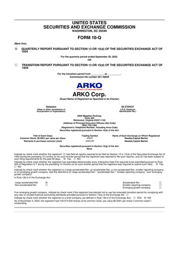 Miniature ARKO Corp. 10-Q Rapport trimestriel 2022 