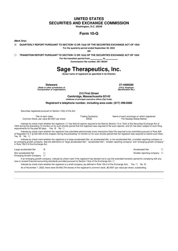Thumbnail Sage Therapeutics
 10-Q Quarterly Report FY2022 