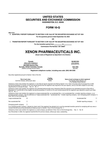 Thumbnail Xenon Pharmaceuticals 10-Q Quarterly Report FY2022 