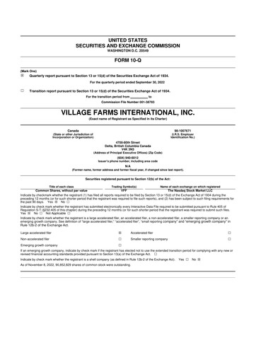 Thumbnail Village Farms International 10-Q Quarterly Report FY2022 