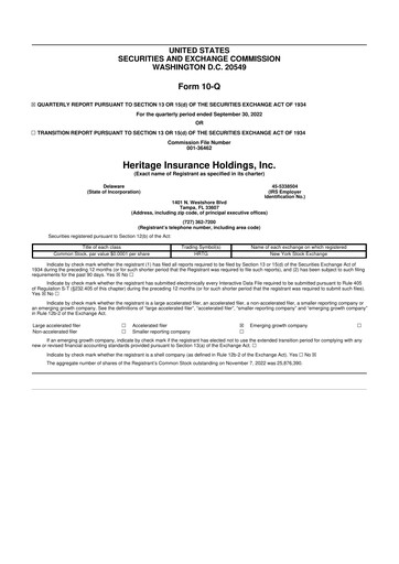 Miniature Heritage Insurance 10-Q Rapport trimestriel 2022 