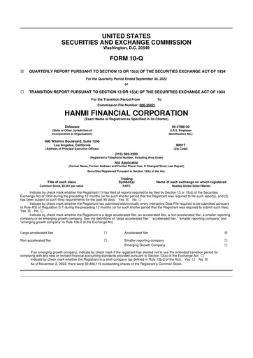 Thumbnail Hanmi Financial 10-Q Quarterly Report FY 