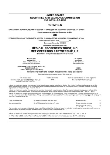 Thumbnail Medical Properties Trust
 10-Q Quarterly Report FY 