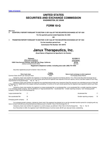 Miniature Janux Therapeutics 10-Q Rapport trimestriel 2022 