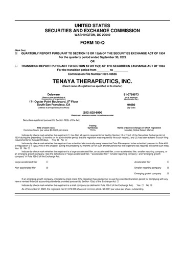 Miniature Tenaya Therapeutics 10-Q Rapport trimestriel 2022 
