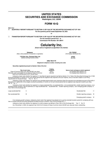 Thumbnail Celularity 10-Q Quarterly Report FY2022 