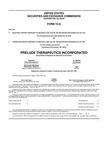Thumbnail Prelude Therapeutics 10-Q Quarterly Report FY2022 