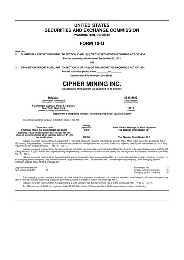 Miniature Cipher Mining 10-Q Rapport trimestriel 2022 