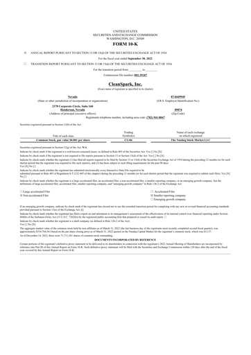 Miniature CleanSpark 10-K Rapport annuel 2022