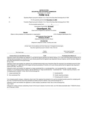 Miniature CleanSpark 10-Q Rapport trimestriel 2022 