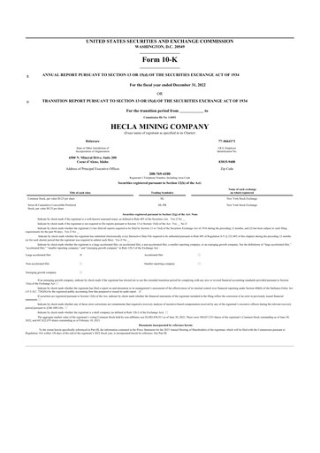 Thumbnail Hecla Mining
 10-K Annual Report 2022