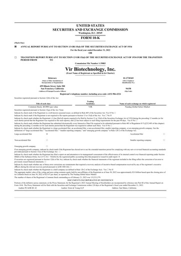 Miniature Vir Biotechnology
 10-K Rapport annuel 2022