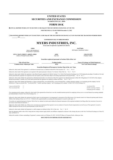 Thumbnail Myers Industries 10-K Annual Report 2022
