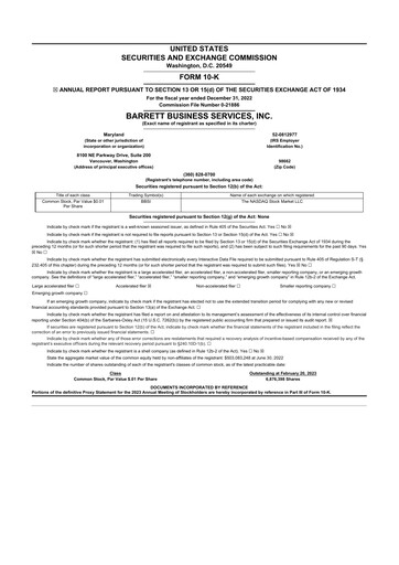 Thumbnail Barrett Business Services 10-K Annual Report 2022