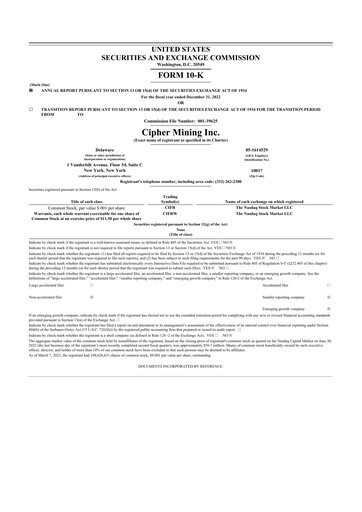 Thumbnail Cipher Mining 10-K Annual Report 2022