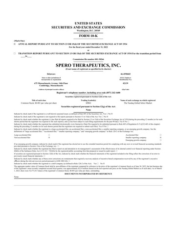 Thumbnail Spero Therapeutics 10-K Annual Report 2022